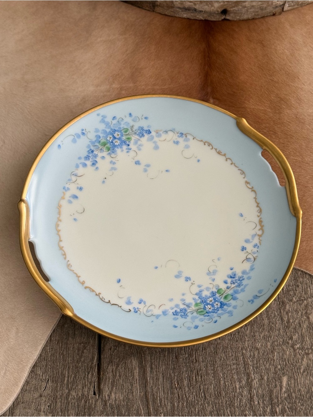 Vintage Porcelain Serving Plate w/Blue Floral Motif and Gold Trim Love Me Knot
